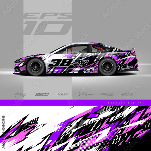 Car wrap decal graphic design. Abstract stripe racing background designs for wrap cargo van, race car, pickup truck, adventure vehicle. Eps 10