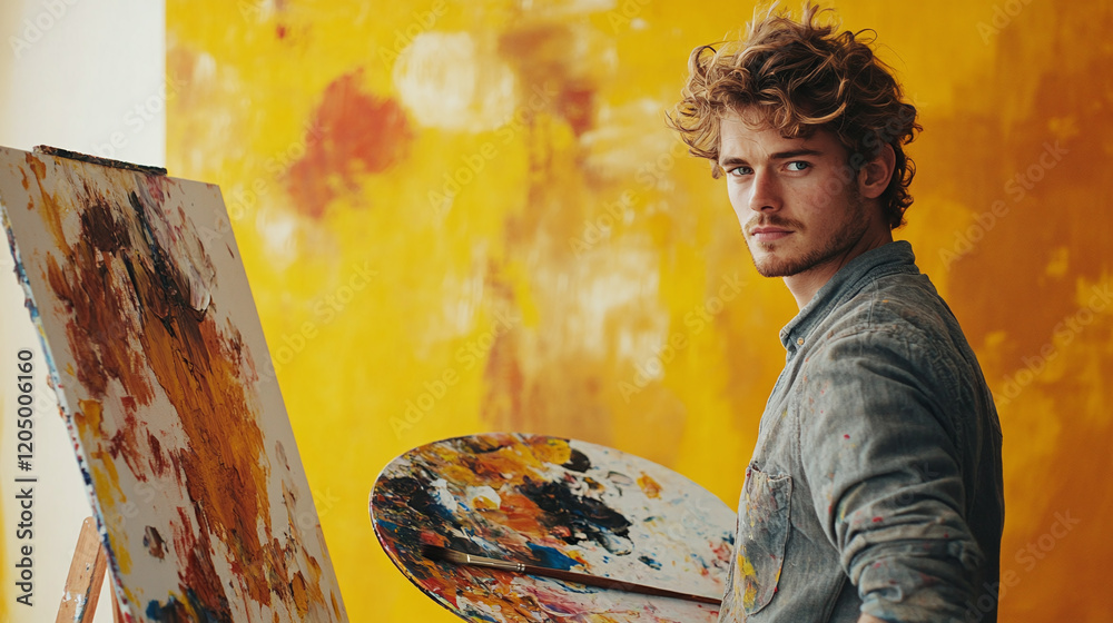 Fototapeta premium A passionate painter with a palette and brush, in front of a bright yellow backdrop