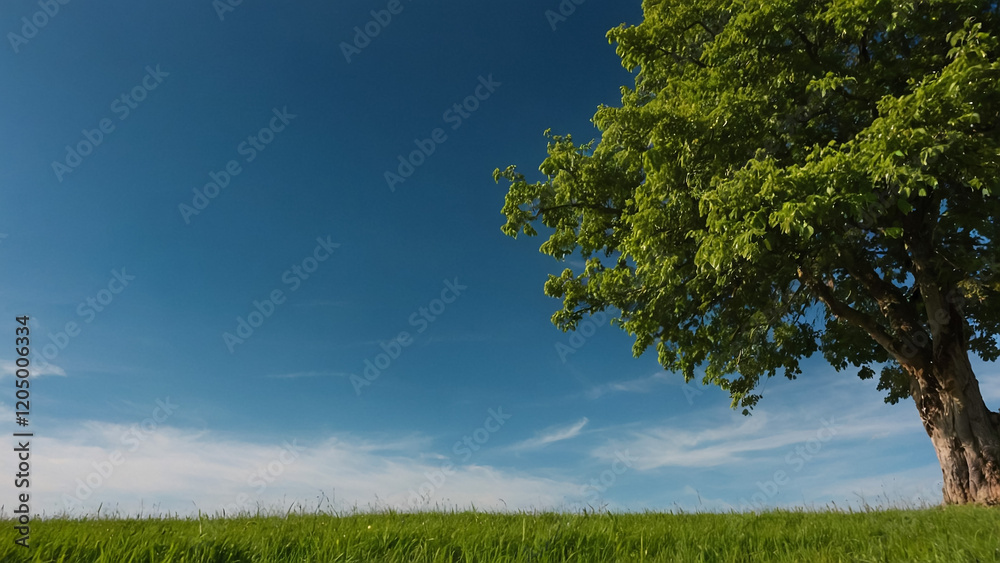 Fototapeta premium Green Landscape View With A Tree Stand Still, Blue Sky With Clouds. Beautiful Landscape View