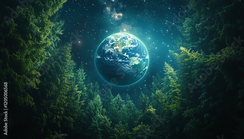 Earth globe suspended in space, encircled by dense green trees, with a clear night sky, stars twinkling above, and a peaceful, cosmic wilderness vibe