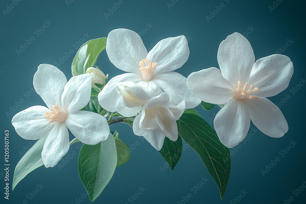 Fototapeta premium Three Delicate White Blossoms with Green Leaves