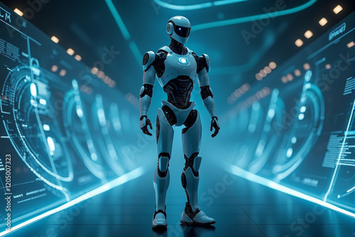 An AI-powered robot standing in a sleek futuristic environment, surrounded by holographic data screens and glowing light trails, cinematic and high detail.