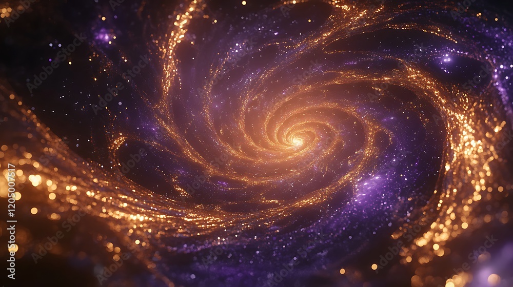 A cosmic galaxy spiral of glowing golden and purple particles creating an infinite dynamic effect A cosmic galaxy spiral of glowing golden and purple particles creating an infinite dynamic effect