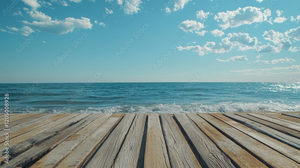 Wooden pier overlooking the ocean with clouds on a blue sky, beach background, Generated AI Wooden pier overlooking the ocean with clouds on a blue sky, beach background, Generated AI