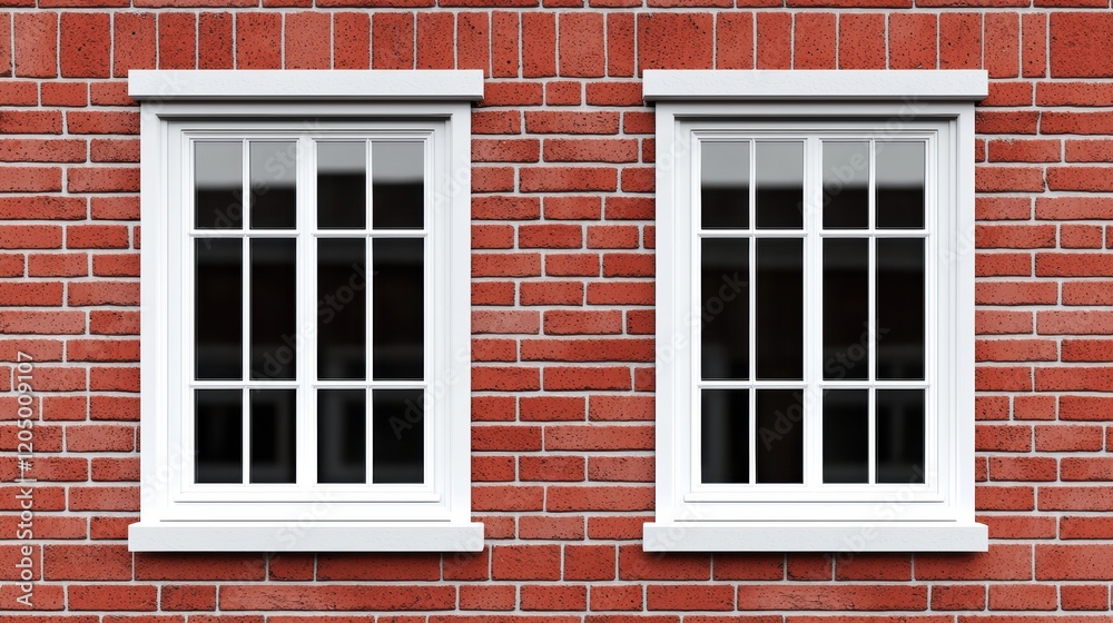 Fototapeta premium White Framed Windows on a Red Brick Wall with a Textured Surface
