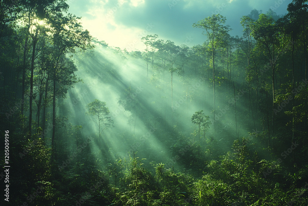 Sunbeams Illuminate Lush Green Forest Canopy Sunbeams Illuminate Lush Green Forest Canopy