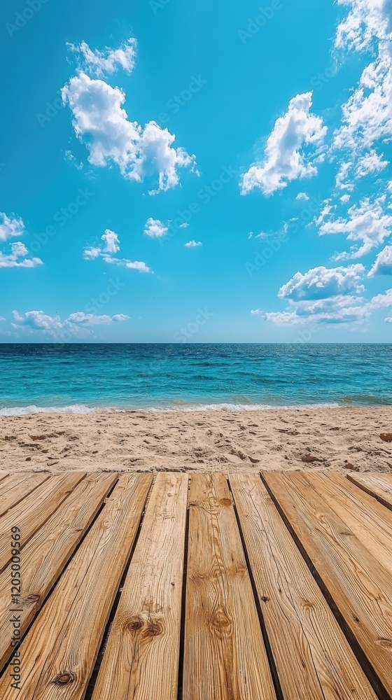 Fototapeta premium Beach view from a wooden dock with ocean and clear sky, tranquil scene Generated AI