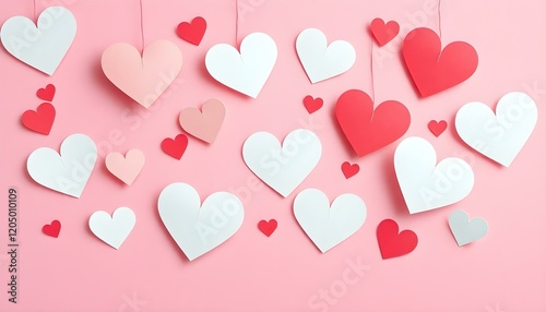 Pink Background Lovely Red White Paper Hearts Valentine day cute card sweet craft happy shape design