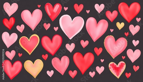 Romantic Pink Red Gold Hearts Watercolor Pattern Design love cute card sweet decor image style      