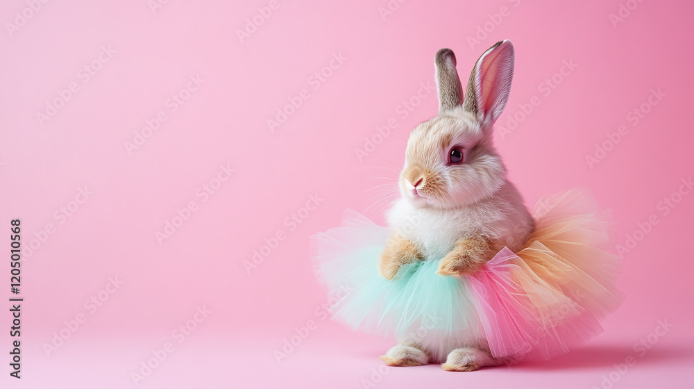 Obraz premium A fluffy bunny dressed in a colorful tutu, sitting gracefully against a soft pastel pink background, leaving ample space for text