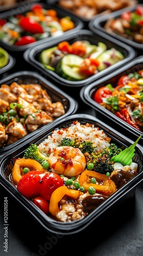 Diverse takeaway containers filled with colorful meals, representing variety and convenience in delivery services photo