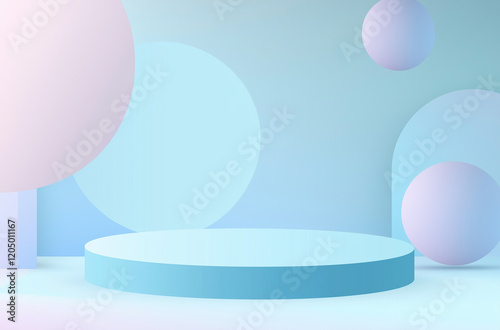 Light Blue Gradient Background with Ample Space for Text or Product Display, Featuring Abstract Light Gray Blurred Studio Room and Round Spotlight for Banners or Presentations photo