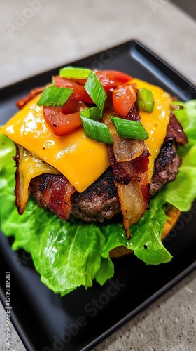 Keto burger with lettuce wrap, cheddar cheese, and grilled beef patty, nobun lowcarb option photo