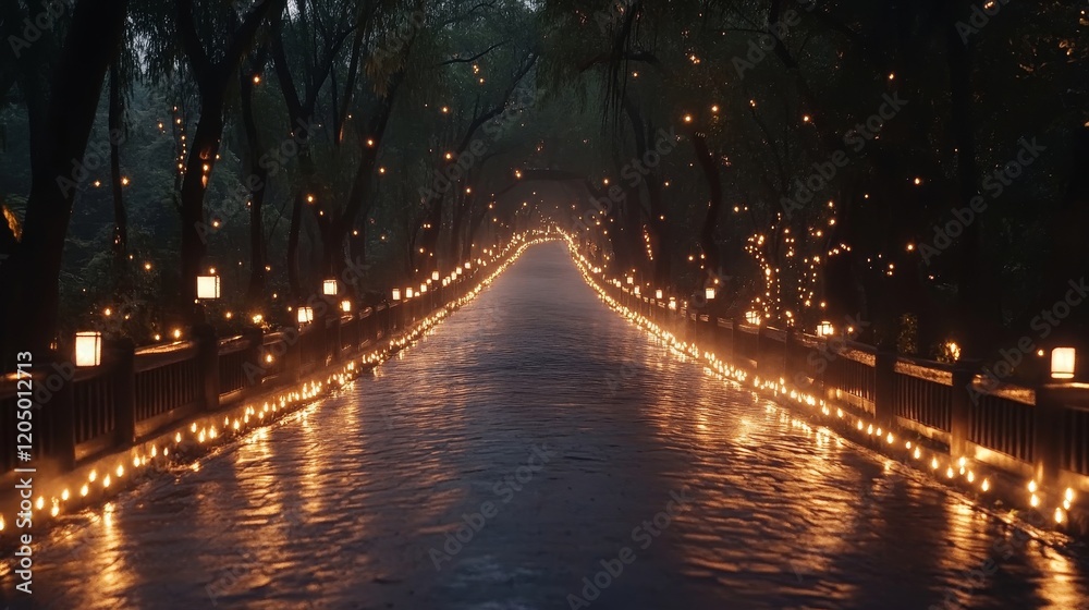 Illuminated Pathway Through Nighttime Tree Tunnel