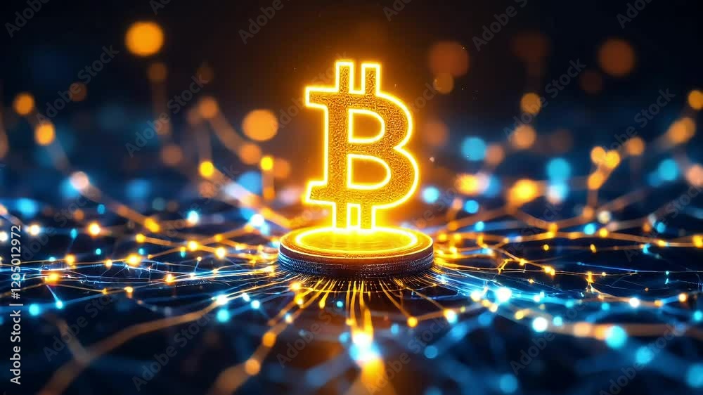 An animation of a glowing bitcoin symbol floating above a digital network
