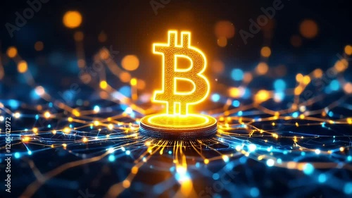 An animation of a glowing bitcoin symbol floating above a digital network