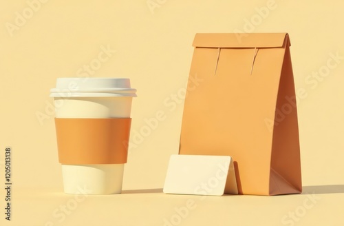 emplate for cafe branding identity. Craft paper made coffee cup, bag and lunch box container with two sides of business card. Mockup for takeaway, delivery, to go food  photo