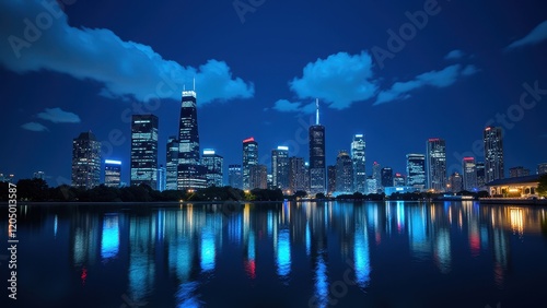 A stunning nighttime panorama features towering skyscrapers illuminated in vibrant blues and reds, reflecting on a vast body of water. A silhouetted line of dark green trees stands behind, bathed in s photo