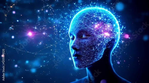 A digital human head made of interconnected light networks and data particles