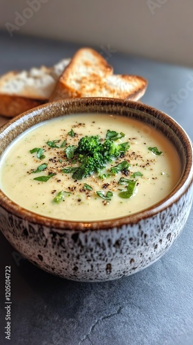 Creamy keto broccoli and cheese soup served in a rustic bowl, hearty and lowcarb meal photo