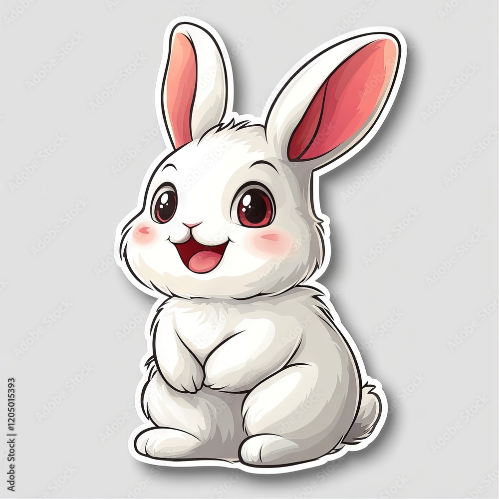 Fototapeta premium Adorable cartoon white rabbit sticker with pink ears, rosy cheeks and a happy face posing playfully against a simple gray background