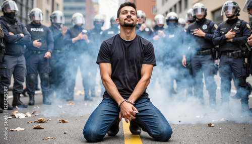 Handcuffed protester kneeling amidst riot police, social justice photo