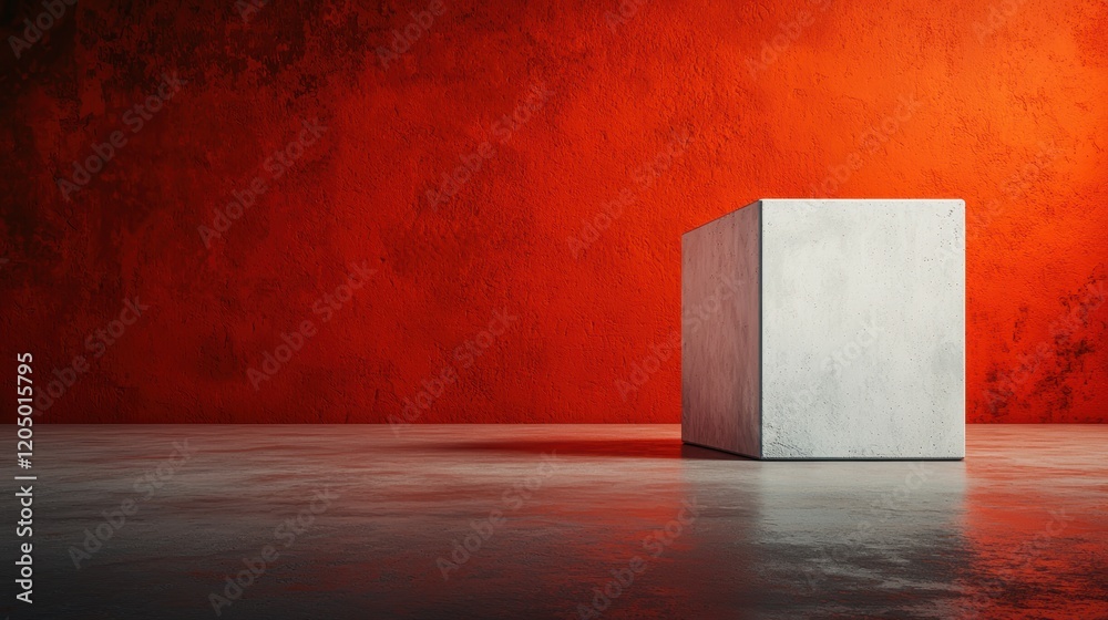 Minimalist Concrete Cube on Bright Red Background Minimalist Concrete Cube on Bright Red Background