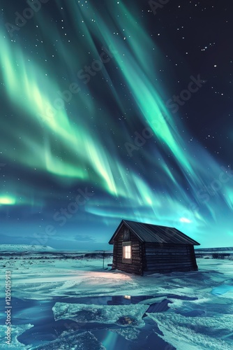 A charming wooden cabin under an intense sapphire blue aurora borealis over icy plains. photo