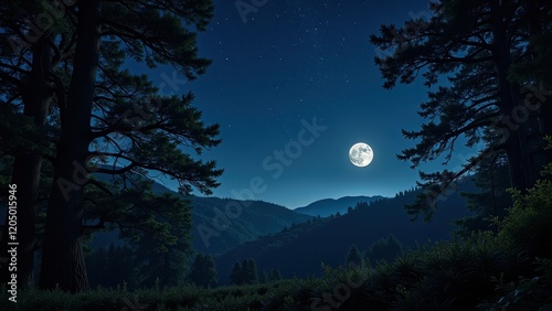 Eye-level view captures the moonlit spectacle; it dominates amidst a star-studded deep blue sky, casting a serene glow on the tranquil night canvas below photo