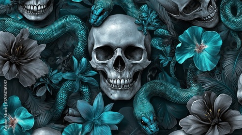 A dark, elegant pattern of detailed grey skulls paired with turquoise snakes and flowers, creating a balance of edginess and beauty
