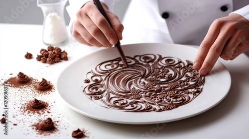 A chef creating intricate chocolate designs on a dessert plate, isolated on a seamless white background, photo