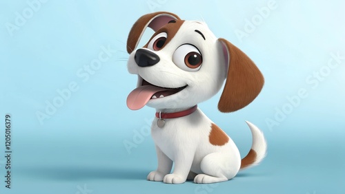A cute cartoon-style dog with white and brown fur, sitting happily with its tongue out and an expressive, joyful face. 