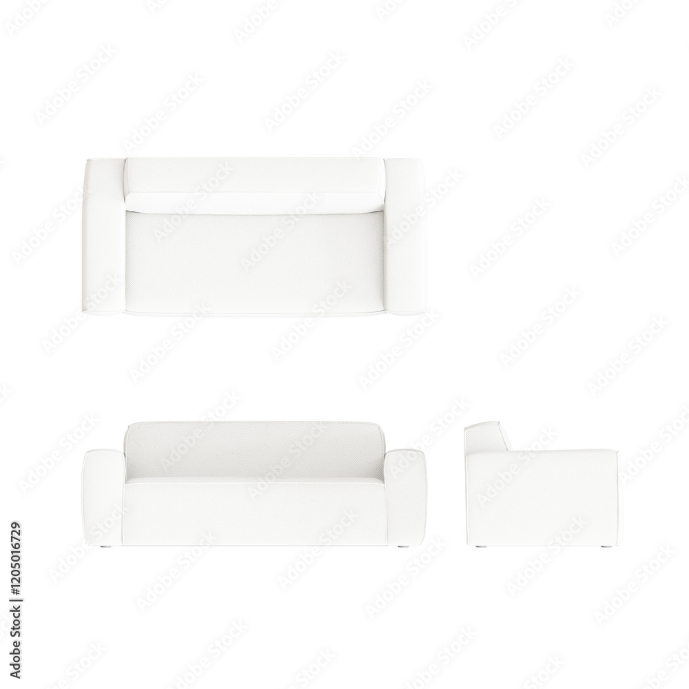 Sofa 3D Rendering Stock Illustration on transparent background, top view, side view and front view.