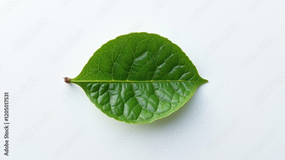 Obraz premium A lush green leaf perches elegantly on a pristine white backdrop, its smooth surface glistening vibrantly. A delicate brown stem anchors it softly in place