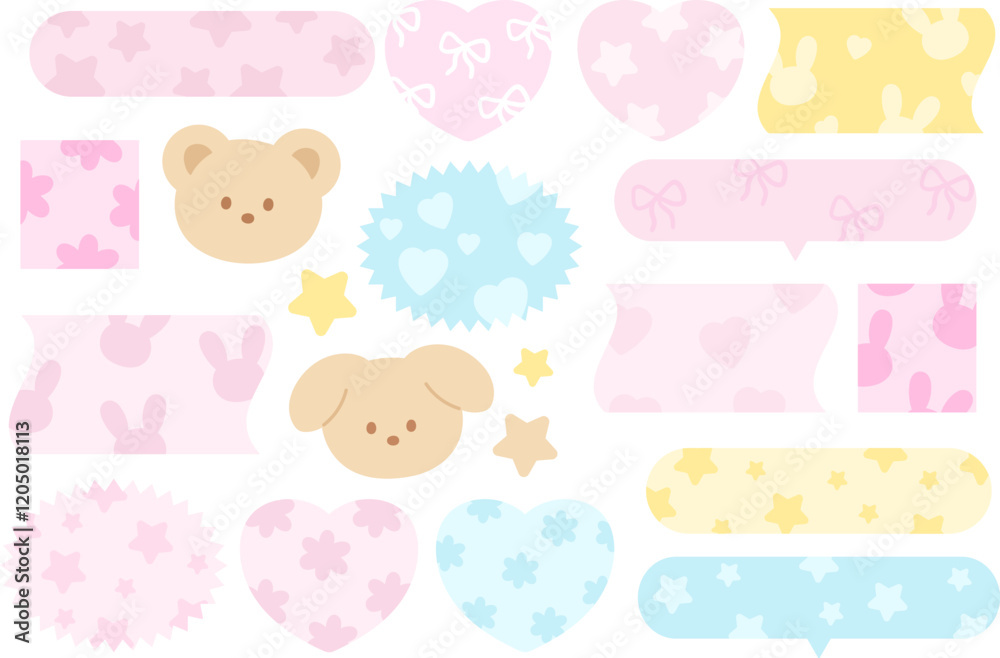 Pastel vector illustrations of teddy bear, bunny, puppy, heart pattern for cartoon characters, comic, text bubbles, pet shop, vet, zoo, souvenir shop, animal, text, message, chat, stickers, Valentine Pastel vector illustrations of teddy bear, bunny, puppy, heart pattern for cartoon characters, comic, text bubbles, pet shop, vet, zoo, souvenir shop, animal, text, message, chat, stickers, Valentine