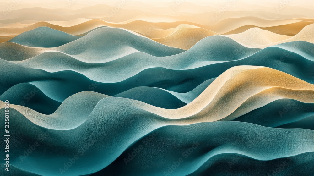 Abstract Teal And Gold Wavy Landscape