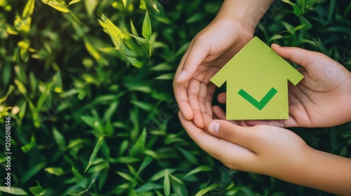 real estate and family home concept - hands holding paper house with green check mark photo