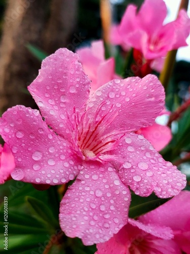 Macro closeup of a delicate pink azalea flower blooming in a vibrant spring garden photo