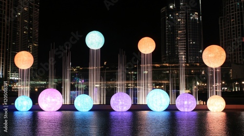 Illuminated Spheres Night Cityscape Water Reflection