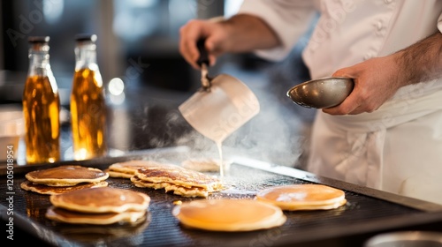 A chef flipping pancakes on a griddle, isolated on white, with syrup bottles nearby, photo