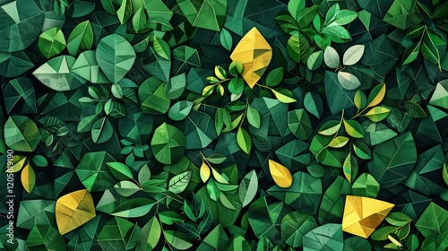 A modern, eco-friendly design featuring a geometric mosaic of lush green trees and leaves, with a touch of yellow, symbolizing nature's diversity.