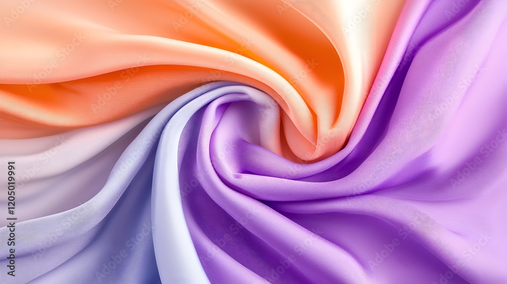A purple, orange, and pink fabric is shown in a spiral