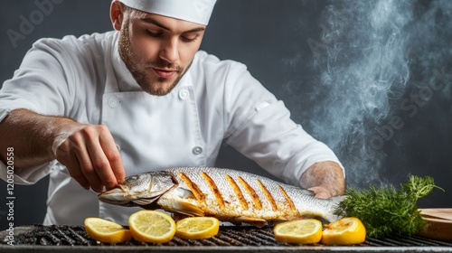 A chef grilling fish with lemon slices, isolated on a seamless white background, photo