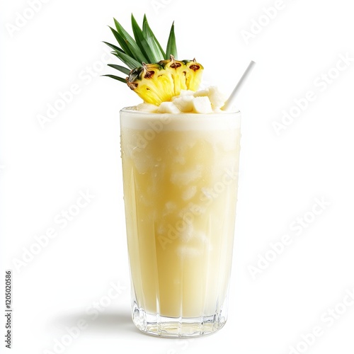 A creamy coconut rum punch with a pineapple garnish, tropical and indulgent, isolated white background