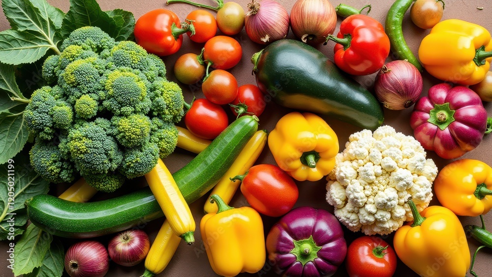 An array of fresh vegetables artistically displayed on a rustic wooden table—broccoli to the left, surrounded by vibrant zucchini, juicy tomatoes, crisp red onions, and golden-yellow bell peppers An array of fresh vegetables artistically displayed on a rustic wooden table—broccoli to the left, surrounded by vibrant zucchini, juicy tomatoes, crisp red onions, and golden-yellow bell peppers