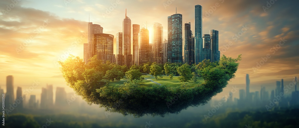 Fototapeta premium Innovative sustainable city in human hands, futuristic skyline, renewable energy sources, lush green parks, advanced technology elements, photorealistic detail, cinematic glow