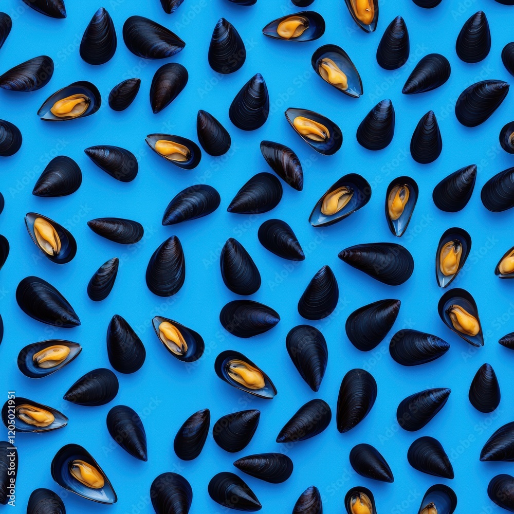 Delicious Mussels on Vibrant Blue Background - Seamless Pattern Delicious Mussels on Vibrant Blue Background - Seamless Pattern