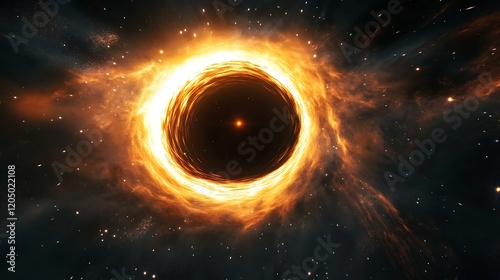 A mesmerizing view of a supermassive black hole with bright jets of plasma, casting light across the vastness of space