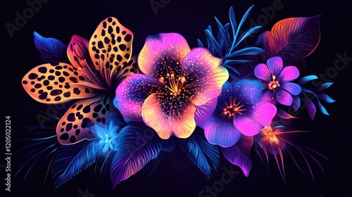 A flat vector bouquet of neon animal print flowers with glowing leopard spots and zebra stripes, designed for bold t-shirt graphics photo