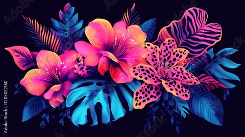 A flat vector bouquet of neon animal print flowers with glowing leopard spots and zebra stripes, designed for bold t-shirt graphics photo